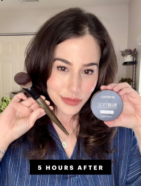 Robin holding up a Rose  Ben Beauty brush and Catrice loose setting powder five hours after application